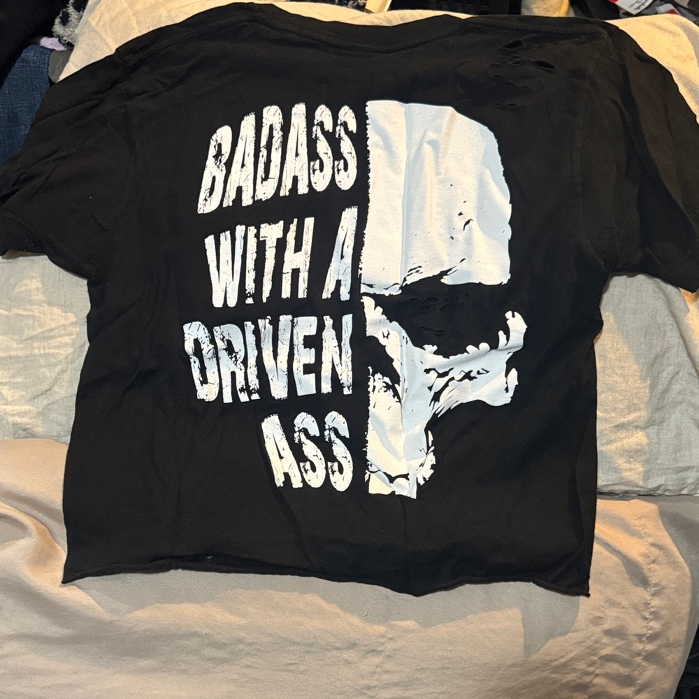 Black Graphic Crop Top with White Skull & Slogan